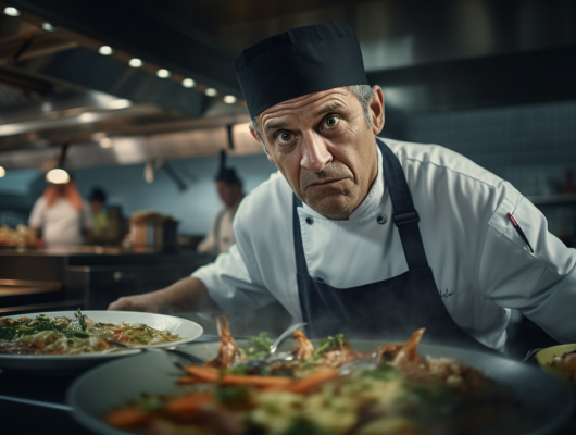 Chef with frown looking over prepared food |
