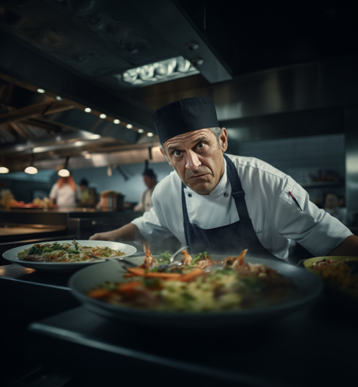Chef with frown looking over prepared food |