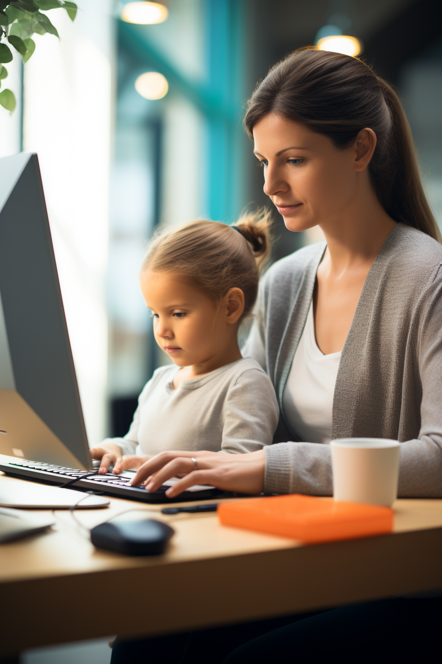 A mother and child working together on a computer | Women in Cybersecurity