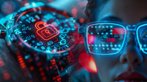 A person wearing a pair of smart glasses and smartwatch with lock symbol | Smart Device Security Risks