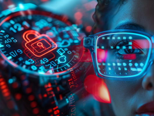 A person wearing a pair of smart glasses and smartwatch with lock symbol | Smart Device Security Risks