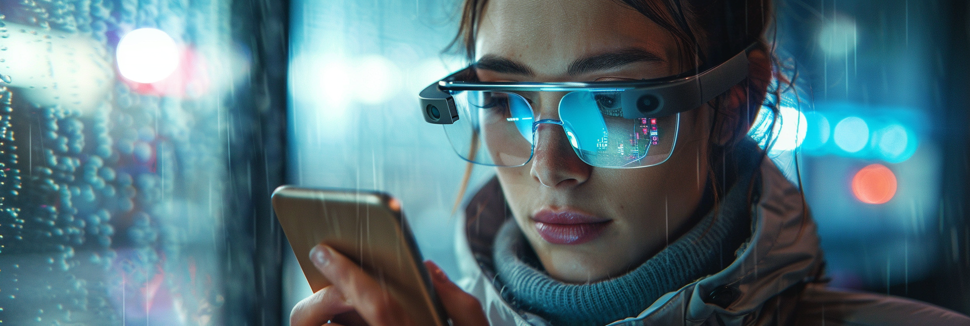 A Woman wearing smart glasses, looking at their phone | Smart Device Security Risks