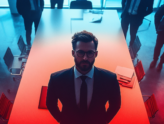 a businessman in front of his desk facing the camera with people standing around him | ISO certification business benefits