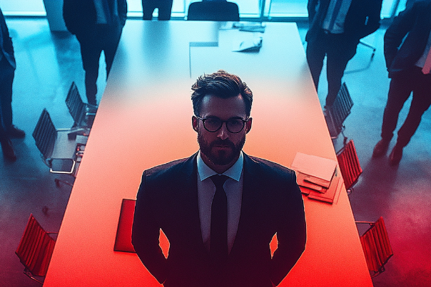 a businessman in front of his desk facing the camera with people standing around him | ISO certification business benefits