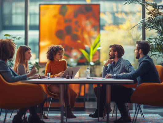 diverse group of office workers in a modern meeting room, discussing workplace policies | prevent workplace sexual harassment