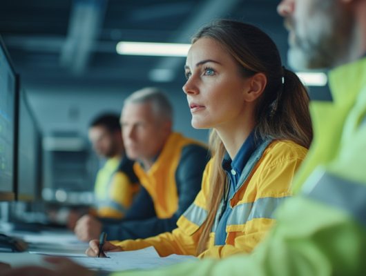 diverse group of professionals in a modern office taking health and safety course | risk management workplace safety