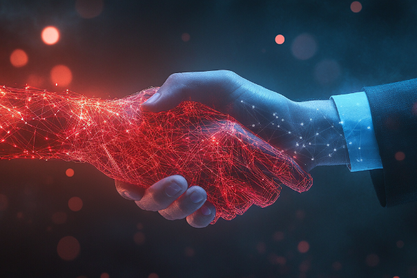 professional handshake between business people with digital network overlay | choosing a managed service provider