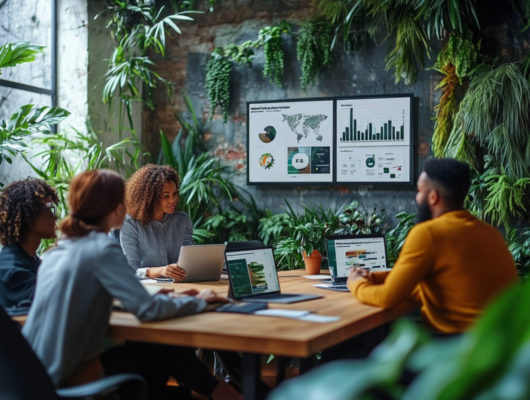 professional diverse group in a modern office setting with visible sustainability elements | esg talent retention strategies