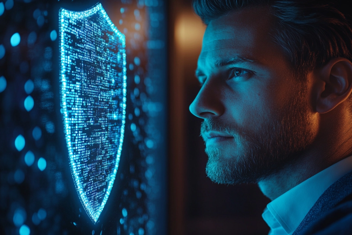 business professional looking at a digital shield protecting data streams | prevent insider data theft