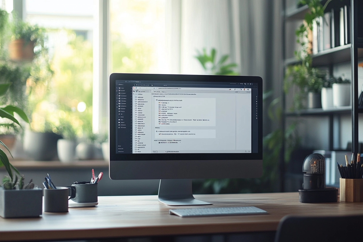 office desk with a computer screen displaying email software | preventing data breaches