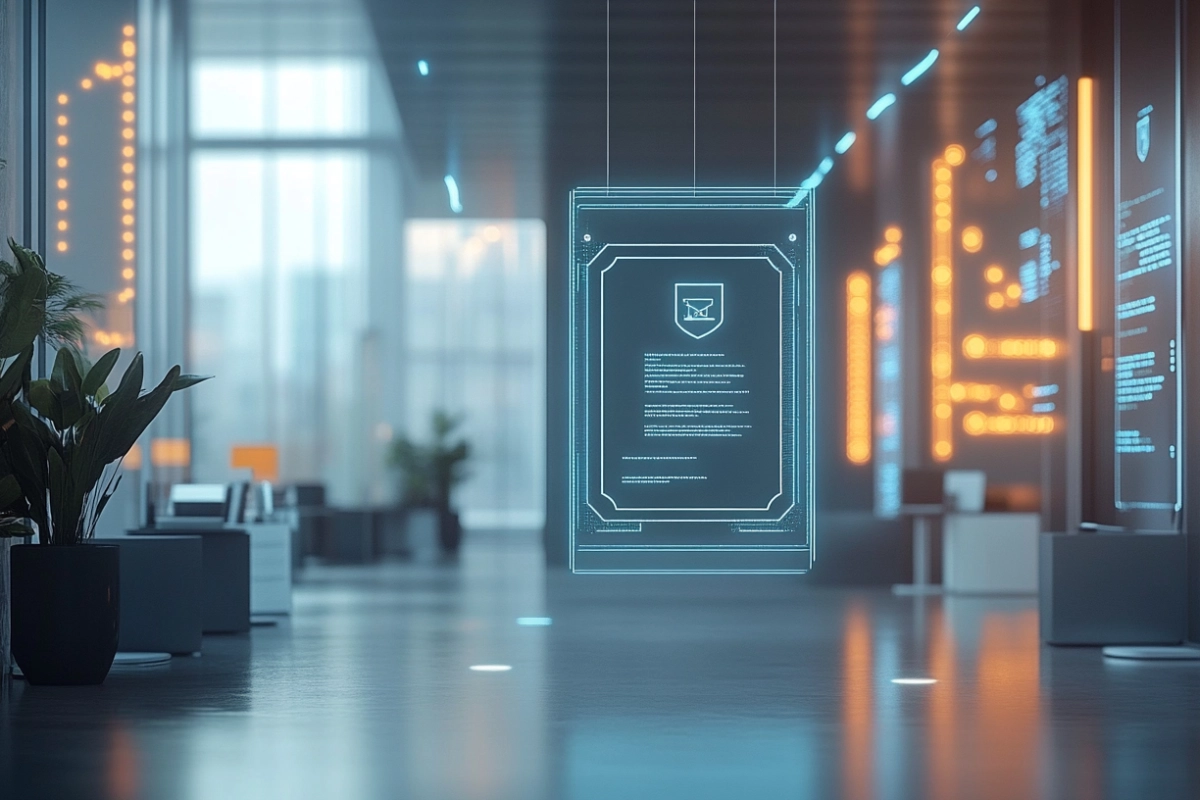 professional business setting with floating digital certificate | data compliance certification benefits