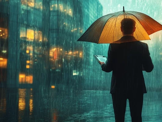 businessman standing outside in rain with umbrella and clipboard | business continuity planning