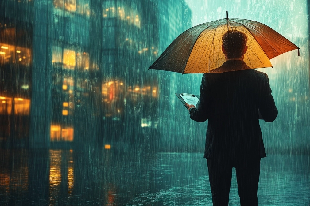 businessman standing outside in rain with umbrella and clipboard | business continuity planning