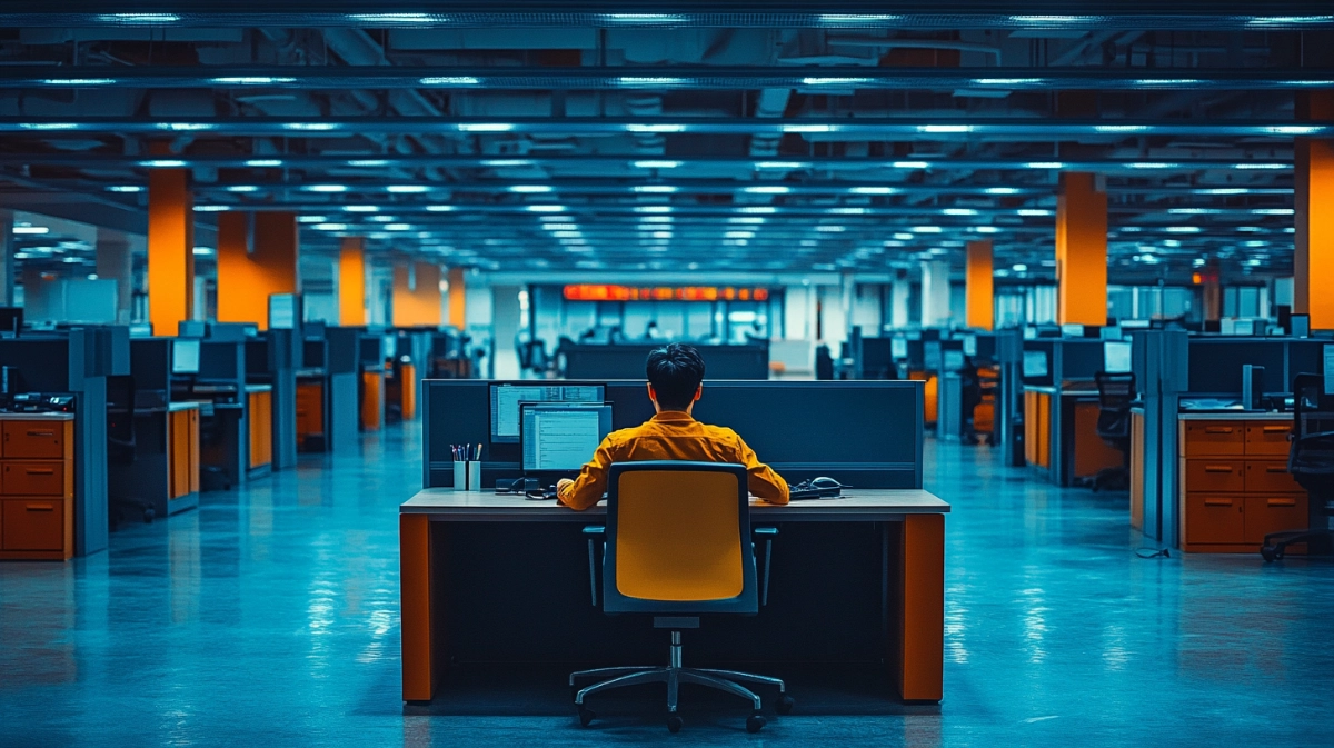 large office environment with a single IT professional working | cybersecurity talent shortage crisis
